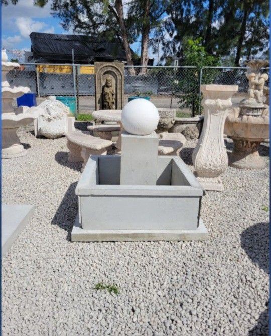 Concrete Fountain with 42" Square Border / Cement Garden Patio Sphere Fountains
