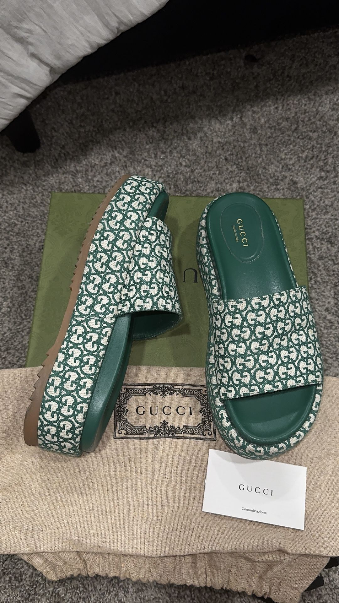 Size 37 Authentic Gucci Jacquard GG Monogram Platform Slide Sandals