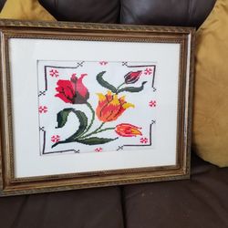 Framed Flower Handmade Cross Stitch Piece-h 21 in × w 17 in