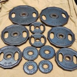 FULL  SET  OF  IRON  GRIP OLYMPIC  EASY  GRIP  PLATES   (PAIRS OF)  :  45s  35s  25s  10s  5s  2.5s 