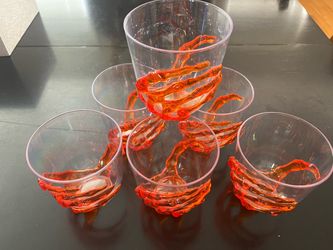 LIKE NEW Set of 6 Spooky Orange Skeletal Hand Halloween Plastic Glasses