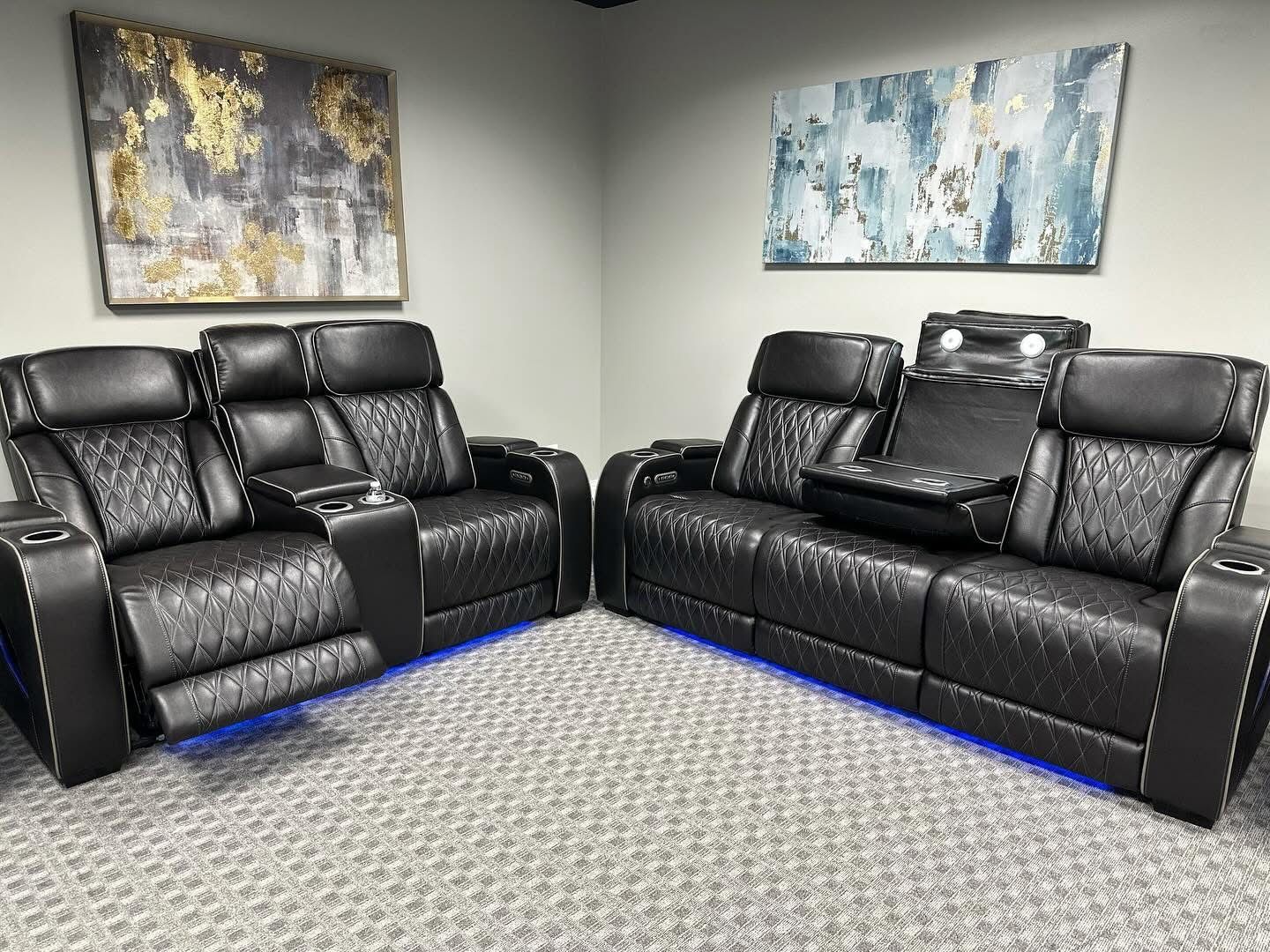 Black Leather Sofa & Loveseat Power Sears & Headrest