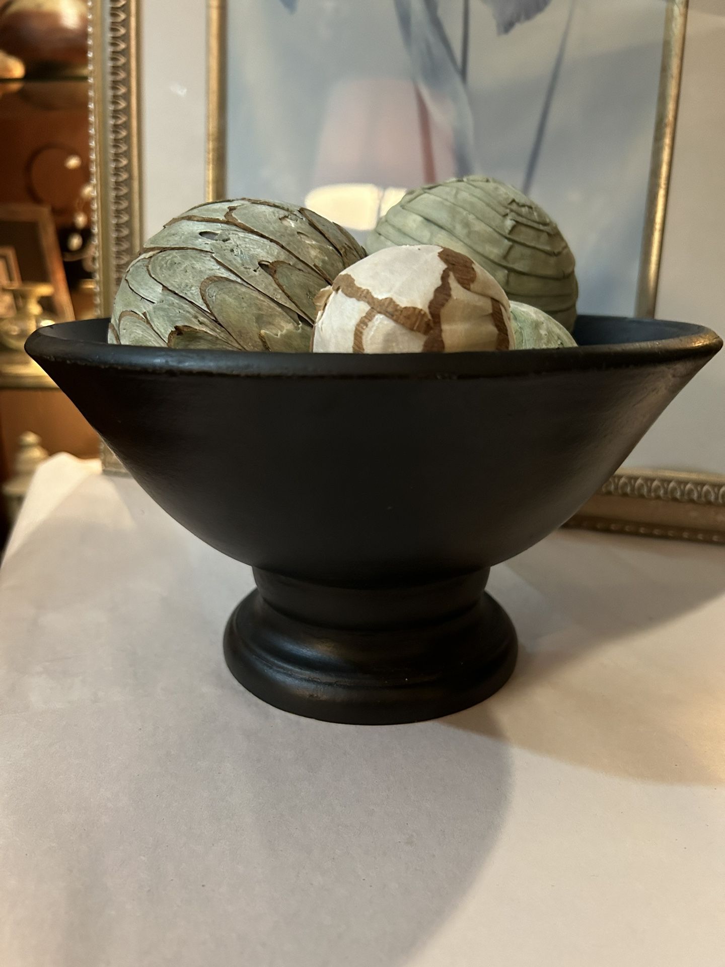Jennifer Farrell Distressed Wood Pedestal Bowl With Assortment Of Balls