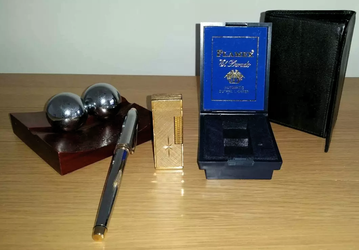 Chinese BaoDing Iron Balls (Plays Musical Tones), Gold & Silver Cross Pen, Wallet, Gold Plated Flamex El Dorado Automatic Butane Lighter