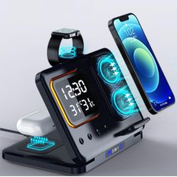 5in1 Multi Functional Wireless Charging Station 15W Fast Charge, Wireless Charger, with Digital Clock, Temperature Display, Night Light, for All Qi Ph