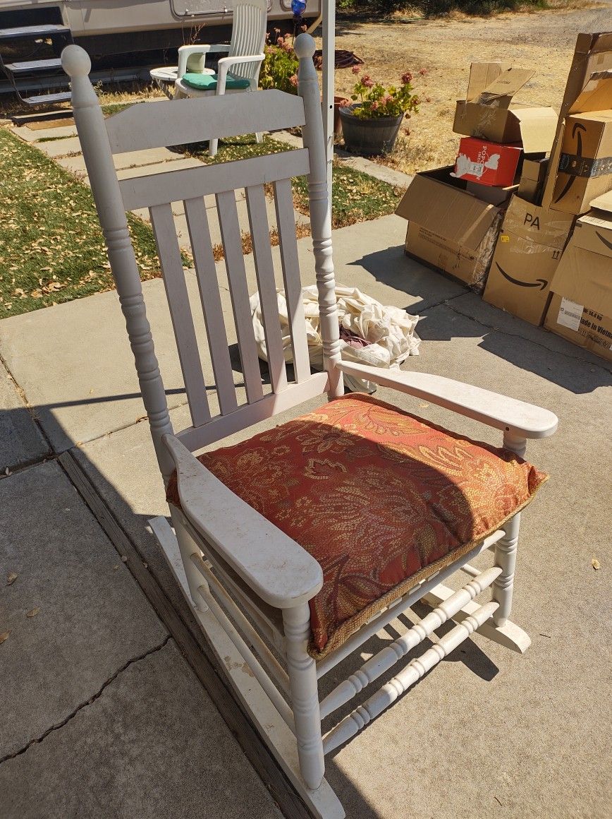 Large White Wooden Rocking Chair W/ Cushion