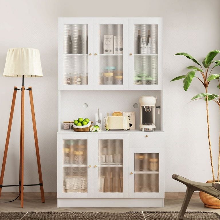 White 70" Tall Storage Cabinet with, 5 Tier Large Modern Kitchen Pantry with Acrylic Glass Doors & Shelves, Display Cabinet