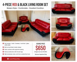 Red & Black Leather Living Room set -4 pieces
