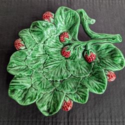 Vintage Majolica Strawberry Art Bowl, Ceramic Cabbage Leaf Decorative Plate