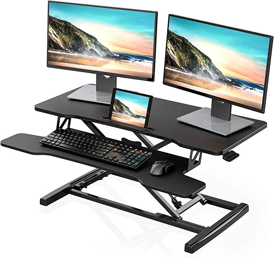 FITUEYES Height Adjustable Standing Desk 36” Wide Sit to Stand Converter Stand Up Desk Tabletop Workstation for Laptops Dual Monitor Riser Black SD309
