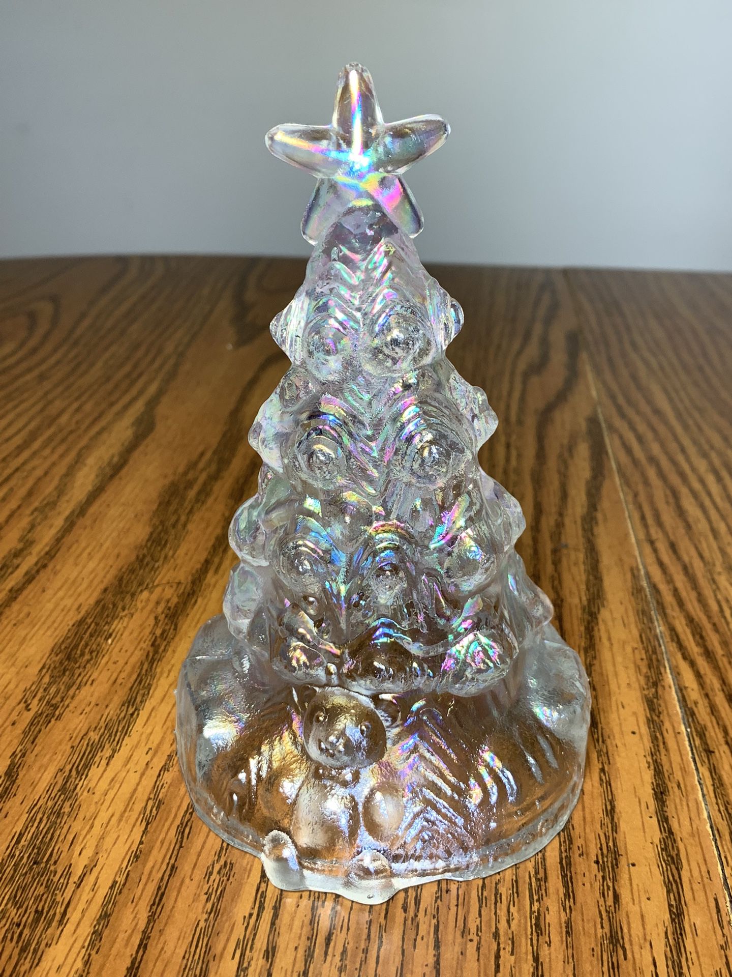 Vintage Carnival Glass Clear Glass Iridescent Christmas Tree, Teddy Bear Figure