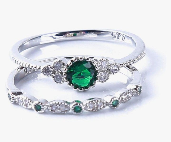 Silver Plated Green Zircon Ring Set