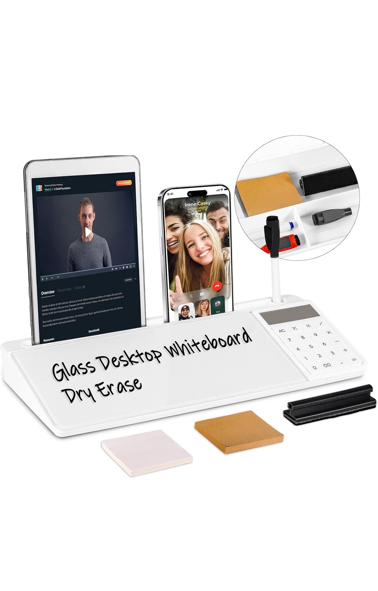 Desk Whiteboard Dry Erase Glass Desktop Whiteboard with Calculator, Desk Board w