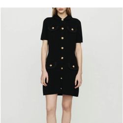MAJE Black Ravena Knit Dress with Gold Buttons, size 3/L
