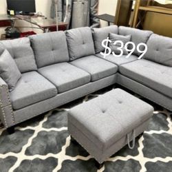 Gorgeous 3-Pc Linen-like Fabric Sectional Sofa W/Storage Ottoman 