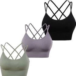 Women Strappy Sports Bras Padded Seamless Workout Gym Activewear Sport Bra with Removable Pads 3 Pack Size XL New, Open Package Colors are as shown, d