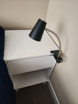 MOVE OUT SALE! EVERYTHING GOES TODAY White Nightstand with Black Clamp Lamp