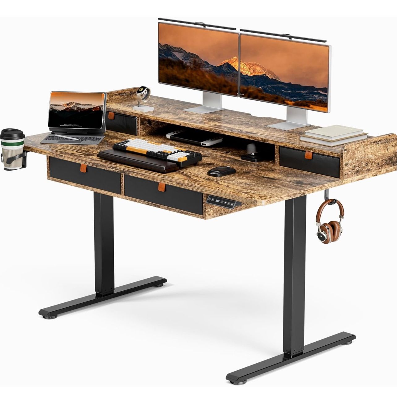 55x30 Inches Standing Desk with Drawers,Adjustable Height Desk with 4 PU Drawers,Double Storage Shelvers Sit Stand Up Desk,Home Office Computer Desk(R