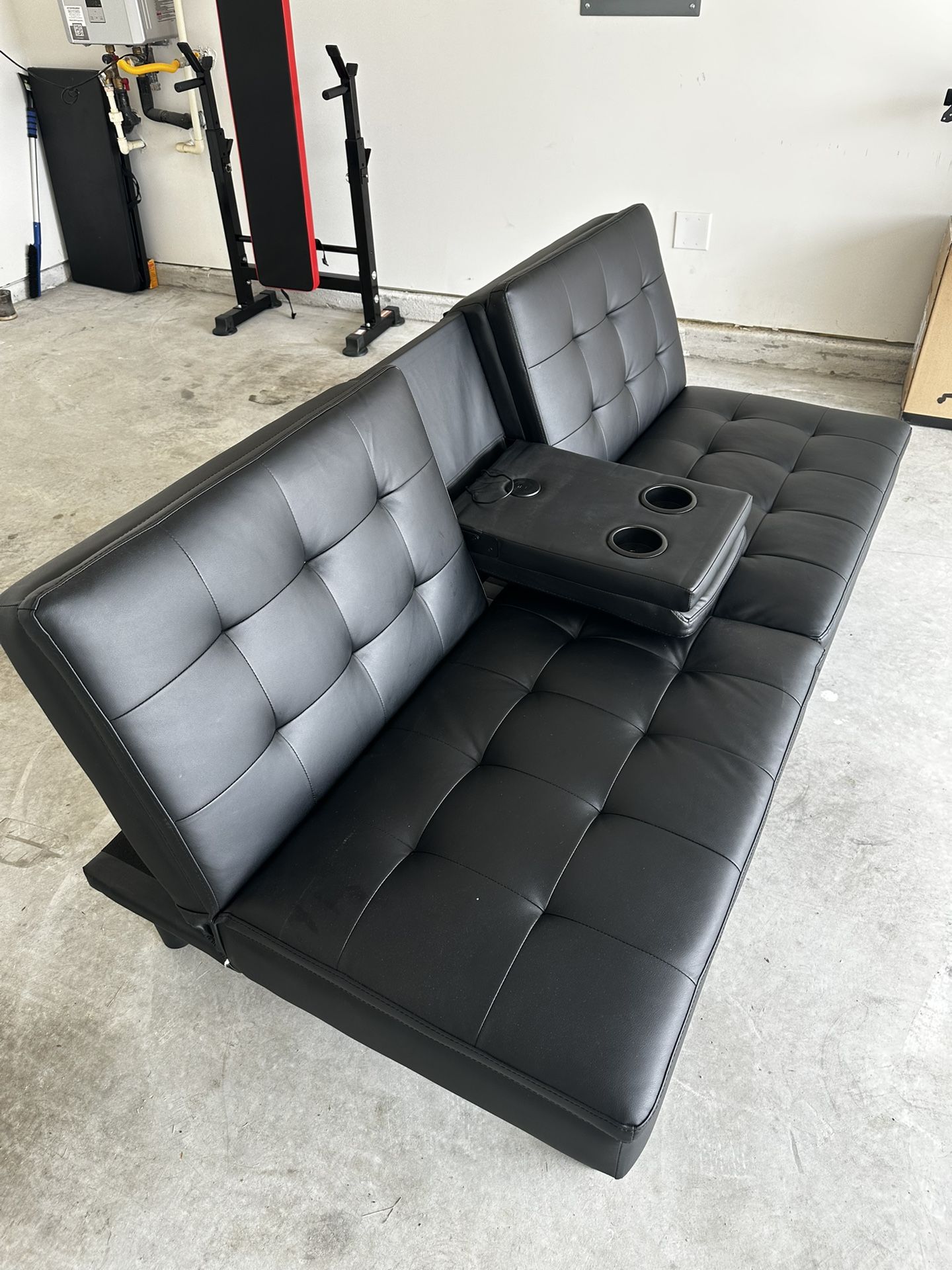 For Sale: Mainstays Memory Foam Futon with Cupholder & USB – Black Faux Leather – $125