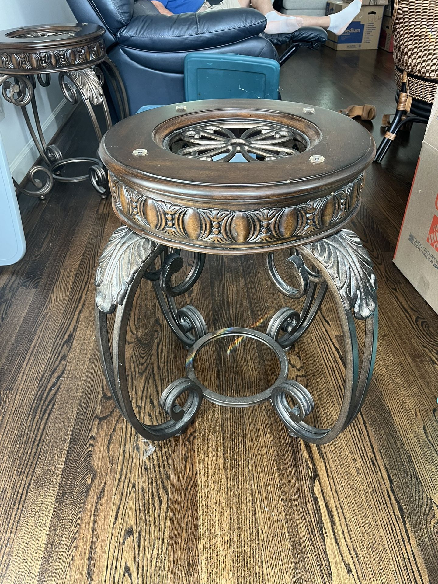 2 Side Tables, 25” H, Solid Wood Top and Metal Base.