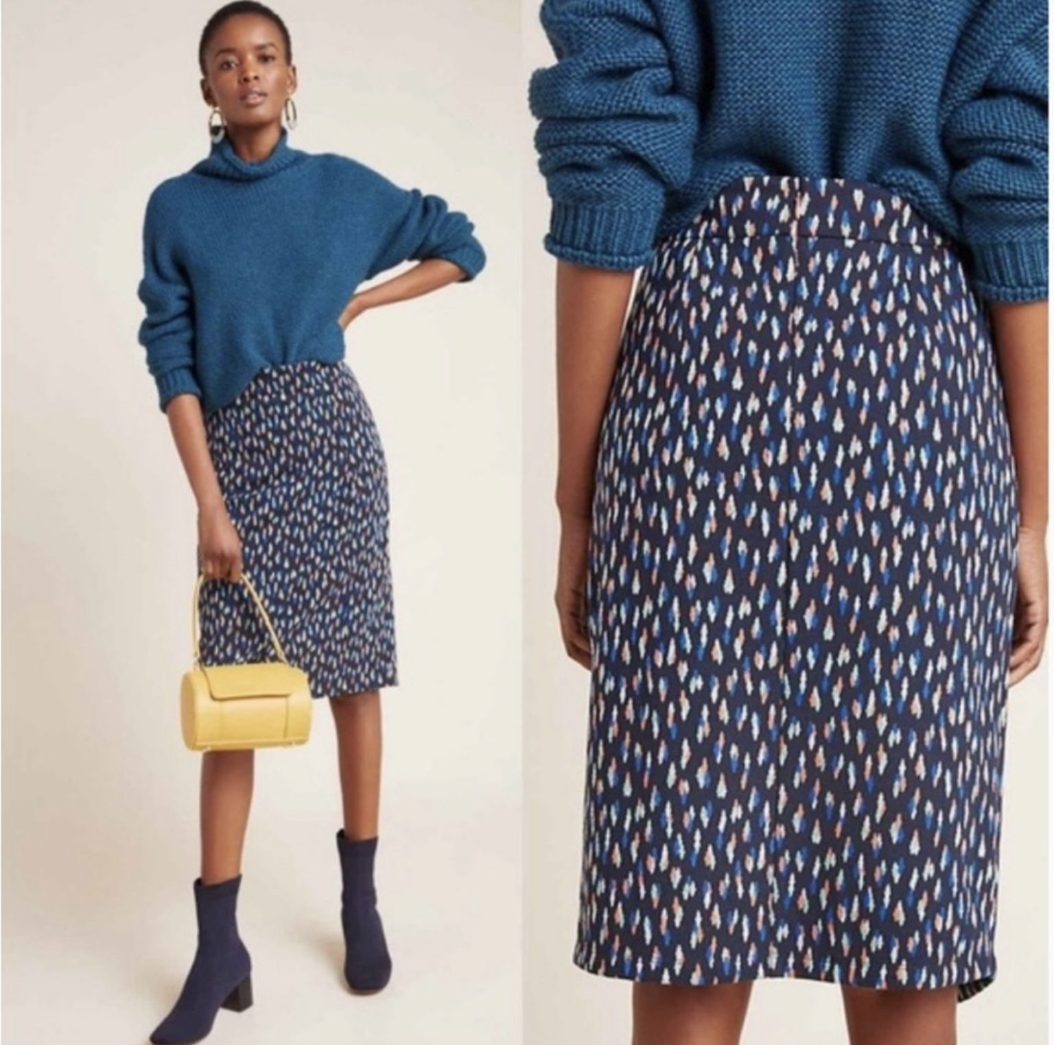 NWT Maeve Anthropologie Maeve Debra Faux Wrap Knit Pencil Skirt Navy Orange Sz 8