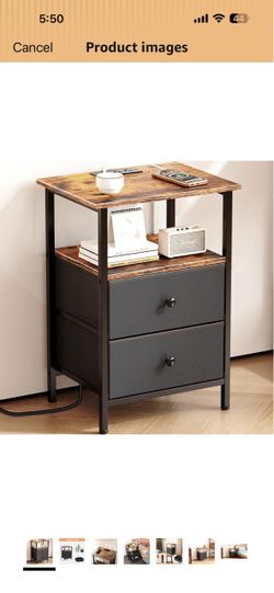 Nightstand with Charging Station, Bedside End Table with 2 Fabric Drawers for Bedroom, Side Table with USB Ports and Outlets (Brown Black)