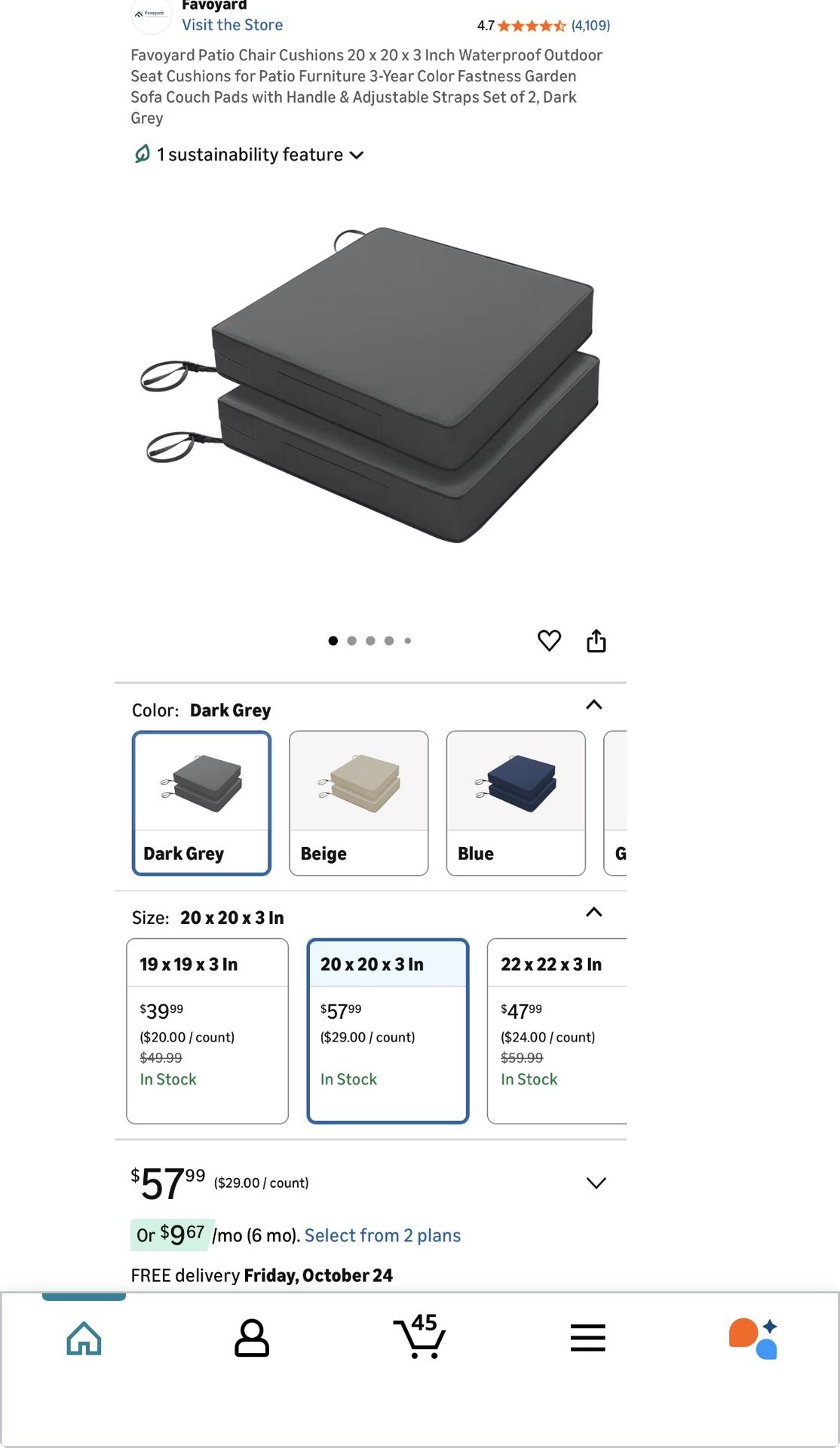 Favoyard Patio Chair Cushions 20 x 20 x 3 Inch Waterproof Outdoor Seat Cushions for Patio Furniture 3-Year Color Fastness Garden Sofa Couch Pads with