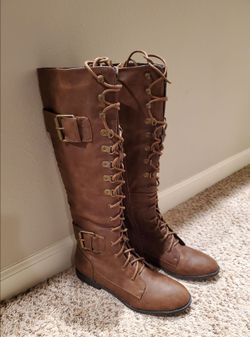 New Brown Lace-Up Knee-High Combat Boots with Side Buckles Size 8.5