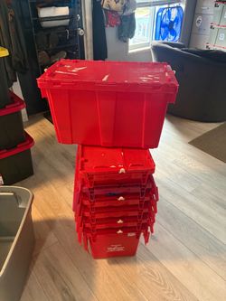 7 red locking top totes / bins 22”x13”x12”
