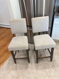 Pair of Gray Wood Upholstered 24" Counter Height Stools – Kitchen Island Chairs (40" Total Height)