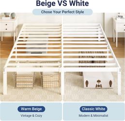 Queen Size Bed Frame, 14 inch Metal Beds with Storage Space, White Heavy-Duty Metal Platform Beds, Large Under-Bed Storage Space, No Box Spring Needed