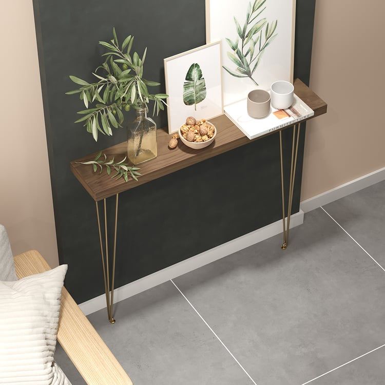 39.4" Rustic Walnut Narrow Rectangular Console Table With Wooden Top & Metal Legs