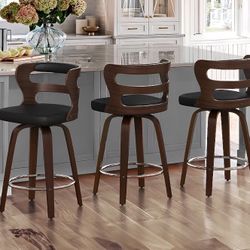 Set of 3, Black 26-in High Counter height Upholstered Swivel Wood Bar Stool