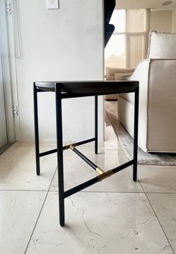 Side Table, Grey Top, With Black Metal And Bronze Legs
