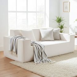 76'' Large Corduroy Loveseat, 3-Seater Boneless Sofa with Built-in Cup Holders, No Assembly Compression Couch