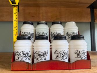 Vintage Milk Glass Spice Jar Set with Original Rack – Set of 8