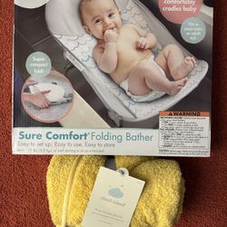 2 Pieces New with Tag Never Used Baby Girl Boy Folding Bather Portable Bath & Yellow Plush Stroller Blanket