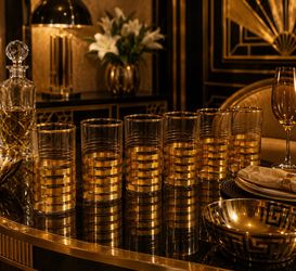 Antique Fine Art Clear Glass REAL 22k GOLD Original Vintage GLASSES Striped Deco Artist Artisan Decorator Decorating Accents SET OF 6 Macbeth-Evans