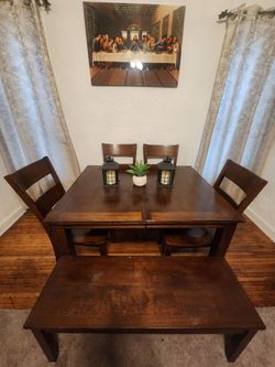 Bob' Furniture Dining table with 4 chairs and a bench with storage