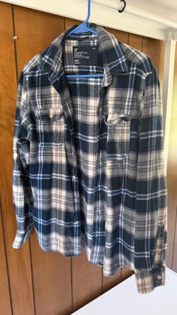 American Eagle Outfitters Navy, White & Light Blue Plaid Flannel Shirt
