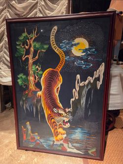 Large-format (52x36) framed vintage Oriental tiger artwork, hand-embroidered with silk thread.