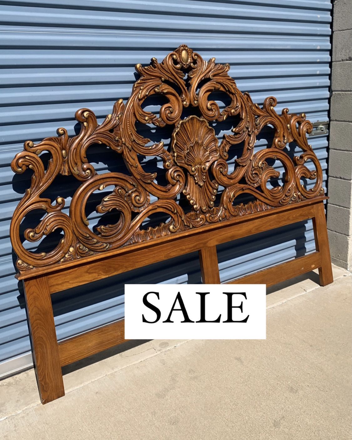 81”x60” French King Size Headboard Hand Carved Cherry Gold Accents Ornate Scrolling Solid Wood Vintage Antique Anthropologie Style Bed Frame