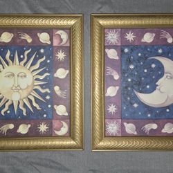 Vintage Celestial Sun & Moon Art by Mary Beth Zeitz Gold Frame 14.5”