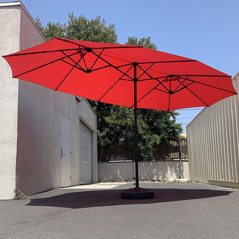 Brand New $115 Large Double Sided Outdoor (15ft Umbrella and 65lbs Plastic  Base set) Colors Red/Gray