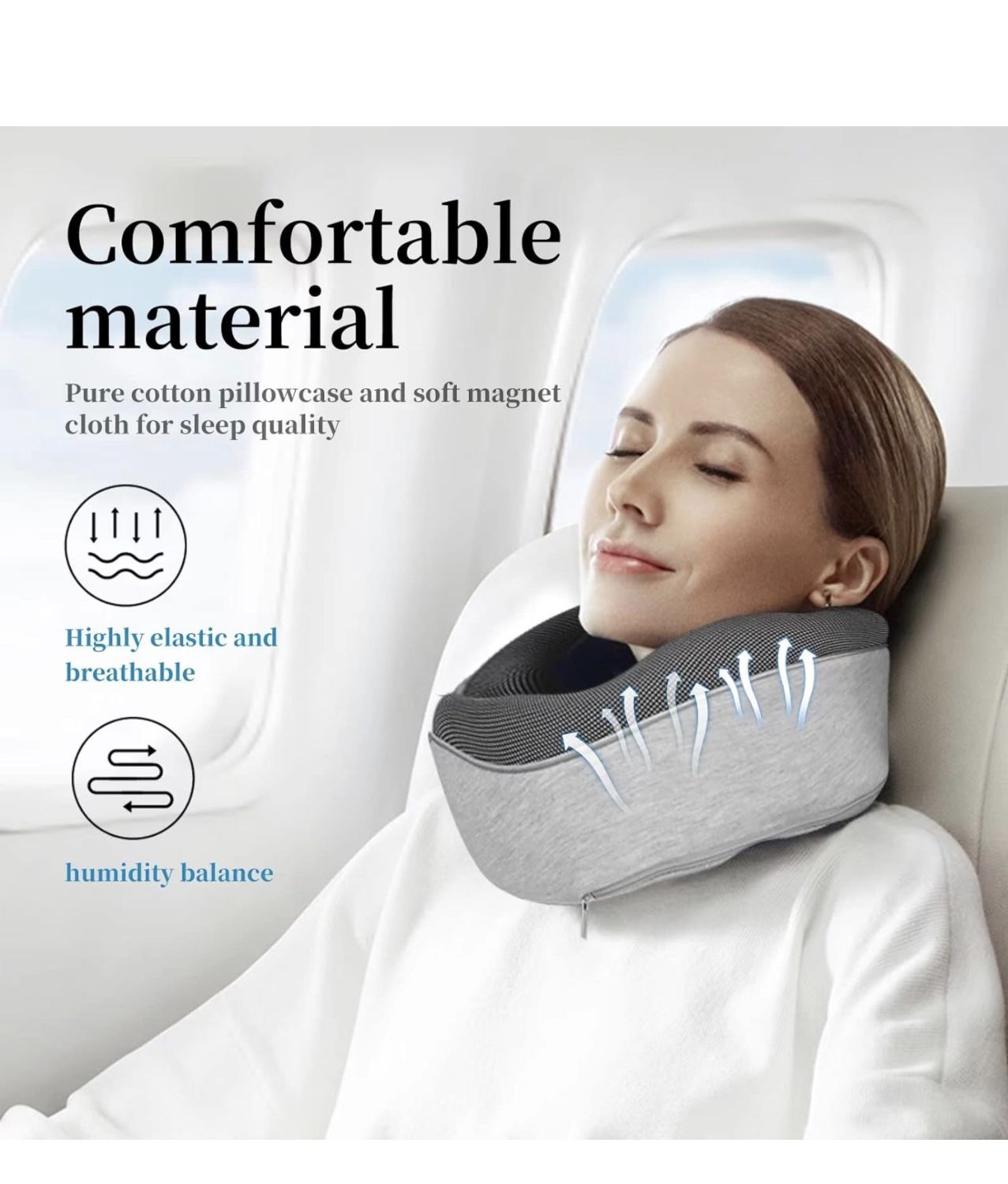 Travel neck pillow, 100% memory foam airplane travel pillow, ergonomic design, high speed rail, car