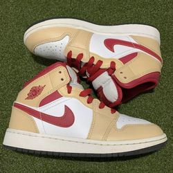 Jordan 1 Mid Light Curry Cardinal Red