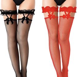 SATINIOR 2 Pairs Thigh High Fishnet Stockings