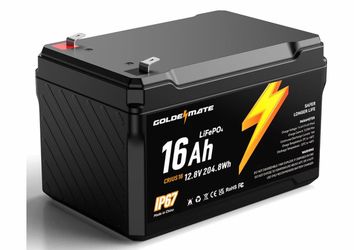 GOLDENMATE 12V 16Ah LiFePO4 Lithium Battery, IP67 Waterproof, Lightweight 5000+ Deep Cycles, Built-in BMS