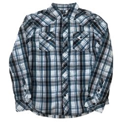 Reclaim Button Up Men’s Large Blue Plaid Pocket Relaxed Long Sleeve Casual Shirt