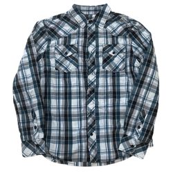 Reclaim Button Up Men’s Large Blue Plaid Pocket Relaxed Long Sleeve Casual Shirt